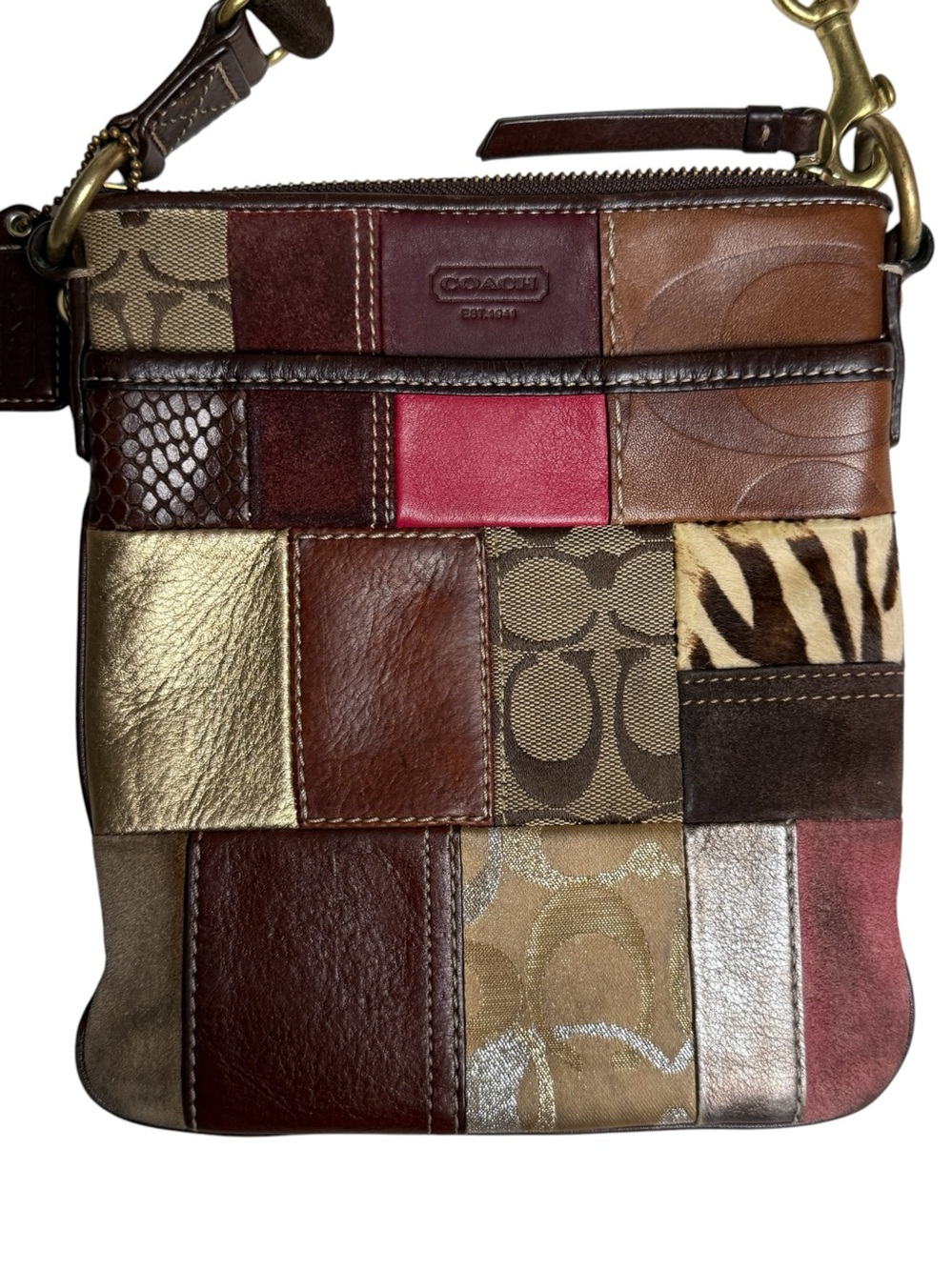 Coach Patchwork Shoulder Bag Zip Top Brown Leather Strap Gold Hardware